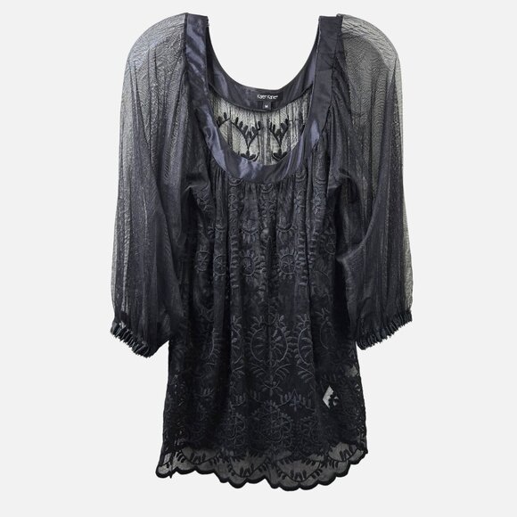 Karen Kane Blouse M Black Sheer Mesh Lace Embroidered Floral Whimsygoth Silk Top - Picture 1 of 13